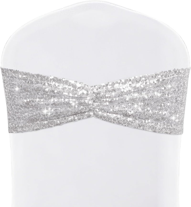 SquarePie Pack of 10 Sequin Chair Sashes Silver Sparkling Bands Decorative Bows for Wedding Banquet Party Event Decor - Image 1